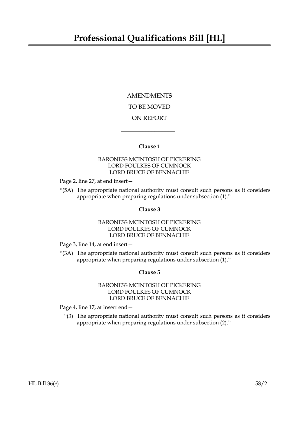 Professional Qualifications Bill Amendments to be moved on Report