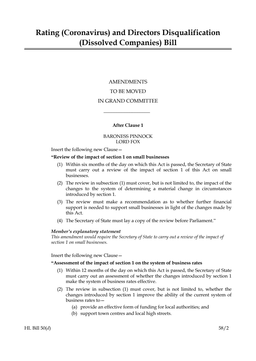 Rating (Coronavirus) and Directors Disqualification (Dissolved Companies) Bill Amendments to be moved in Grand Committee