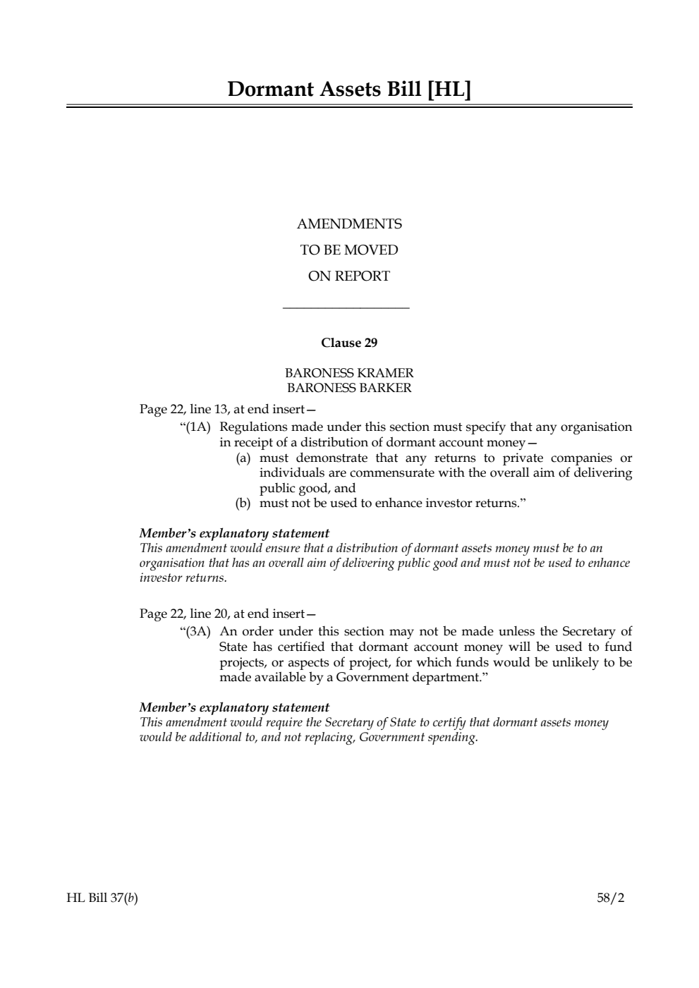 Dormant Assets Bill Amendments to be moved on Report