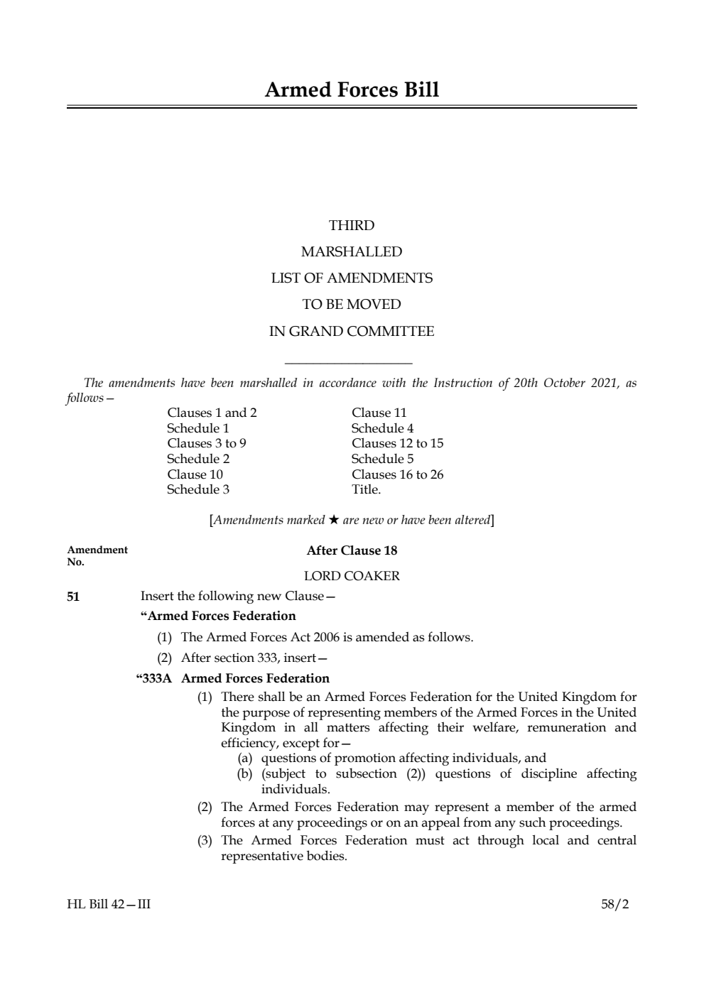 Armed Forces Bill Third Marshalled List of amendments to be moved in Grand Committee