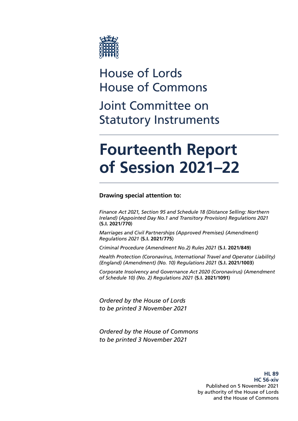 Joint Committee on Statutory Instruments 14th Report of Session 2021-22