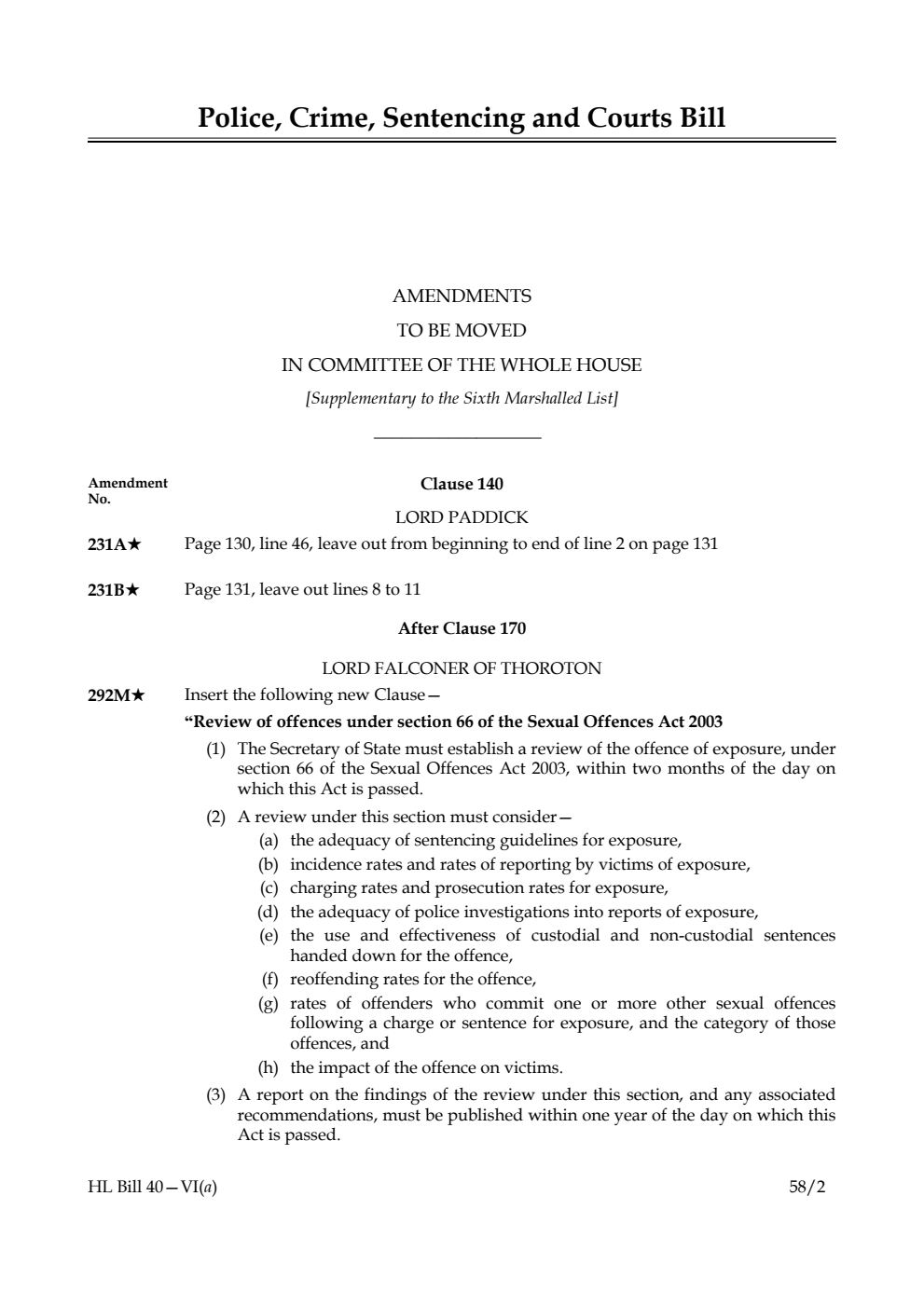 Police, Crime, Sentencing and Courts Bill Amendments to be moved in Committee of the Whole House