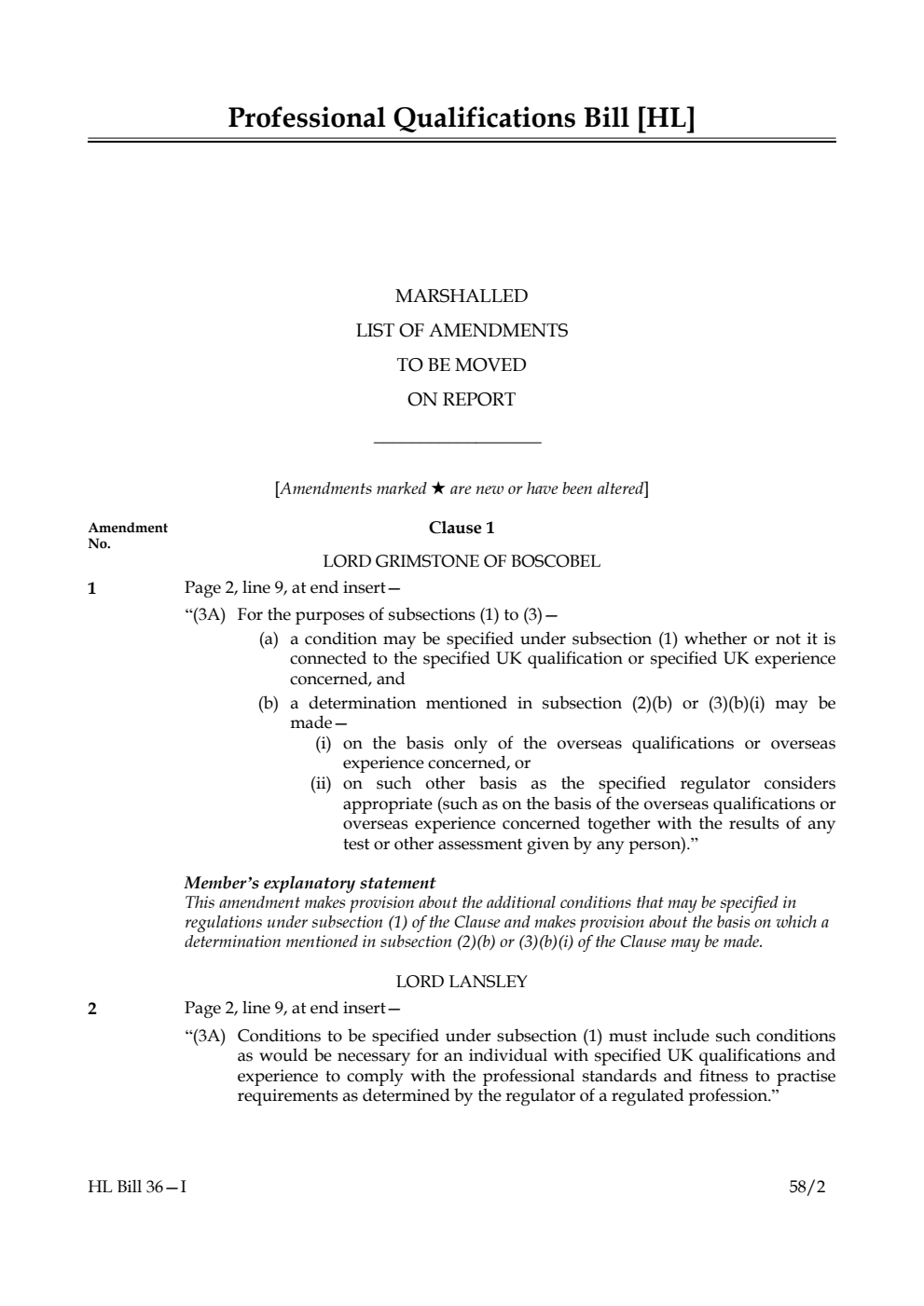 Professional Qualifications Bill Marshalled List of amendments to be moved on report