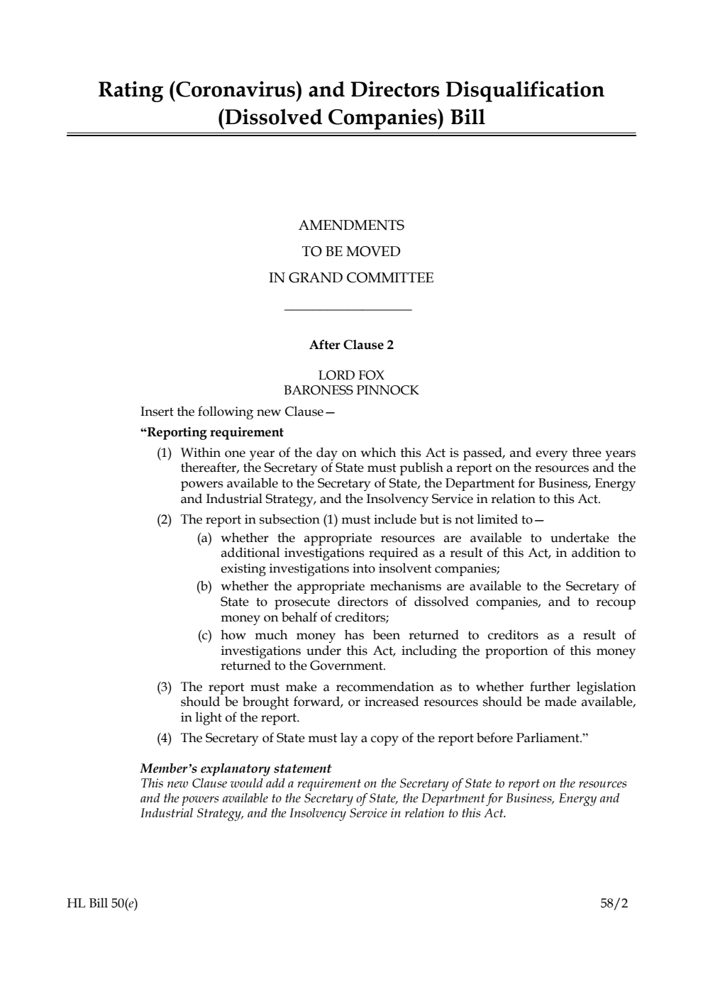 Rating (Coronavirus) and Directors Disqualification (Dissolved Companies) Bill Amendments to be moved in Grand Committee