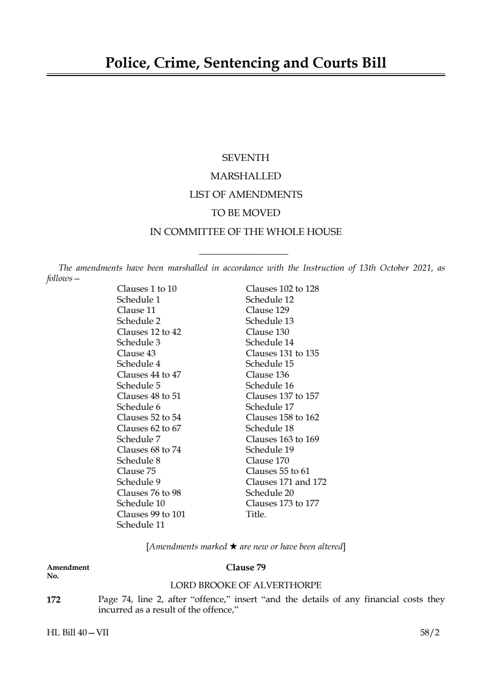 Police, Crime, Sentencing and Courts Bill Seventh Marshalled List of Amendments to be moved in Committee of the Whole House