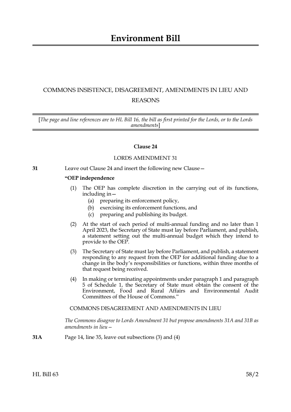 Environment Bill Common insistence, disagreement, amendments in lieu and reasons
