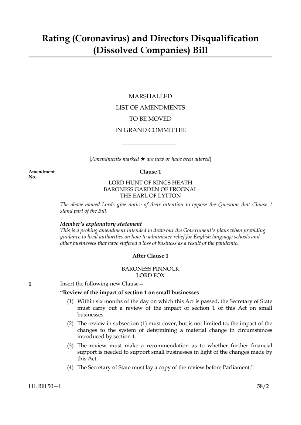 Rating (Coronavirus) and Directors Disqualification (Dissolved Companies) Bill Marshalled List of Amendments to be moved in Grand Committee