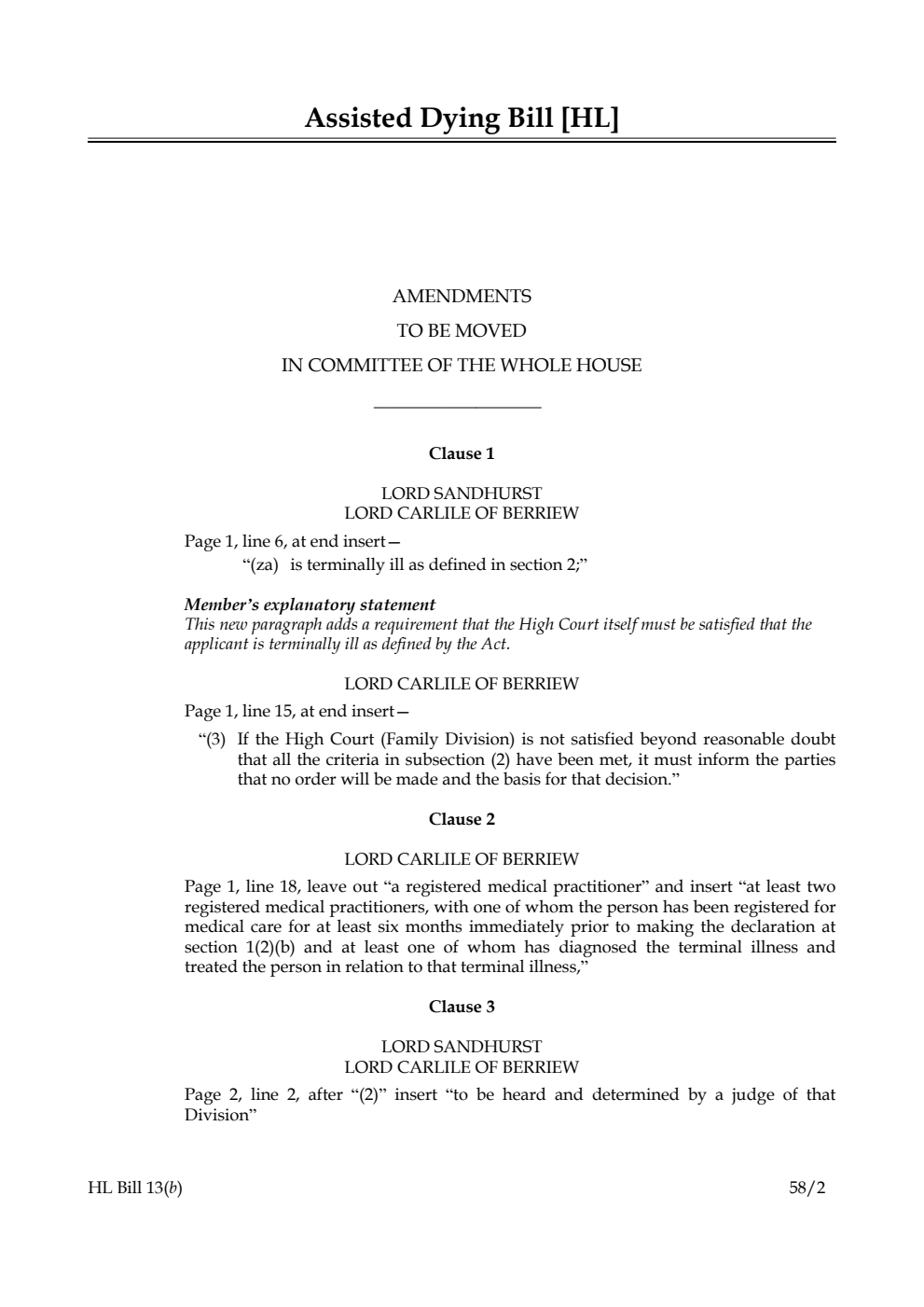 Assisted Dying Bill Amendments to be moved in Committee of the Whole House