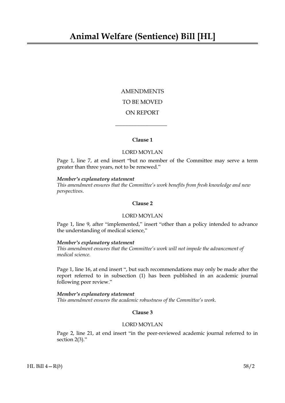 Animal Welfare (Sentience) Bill Amendments to be moved on Report