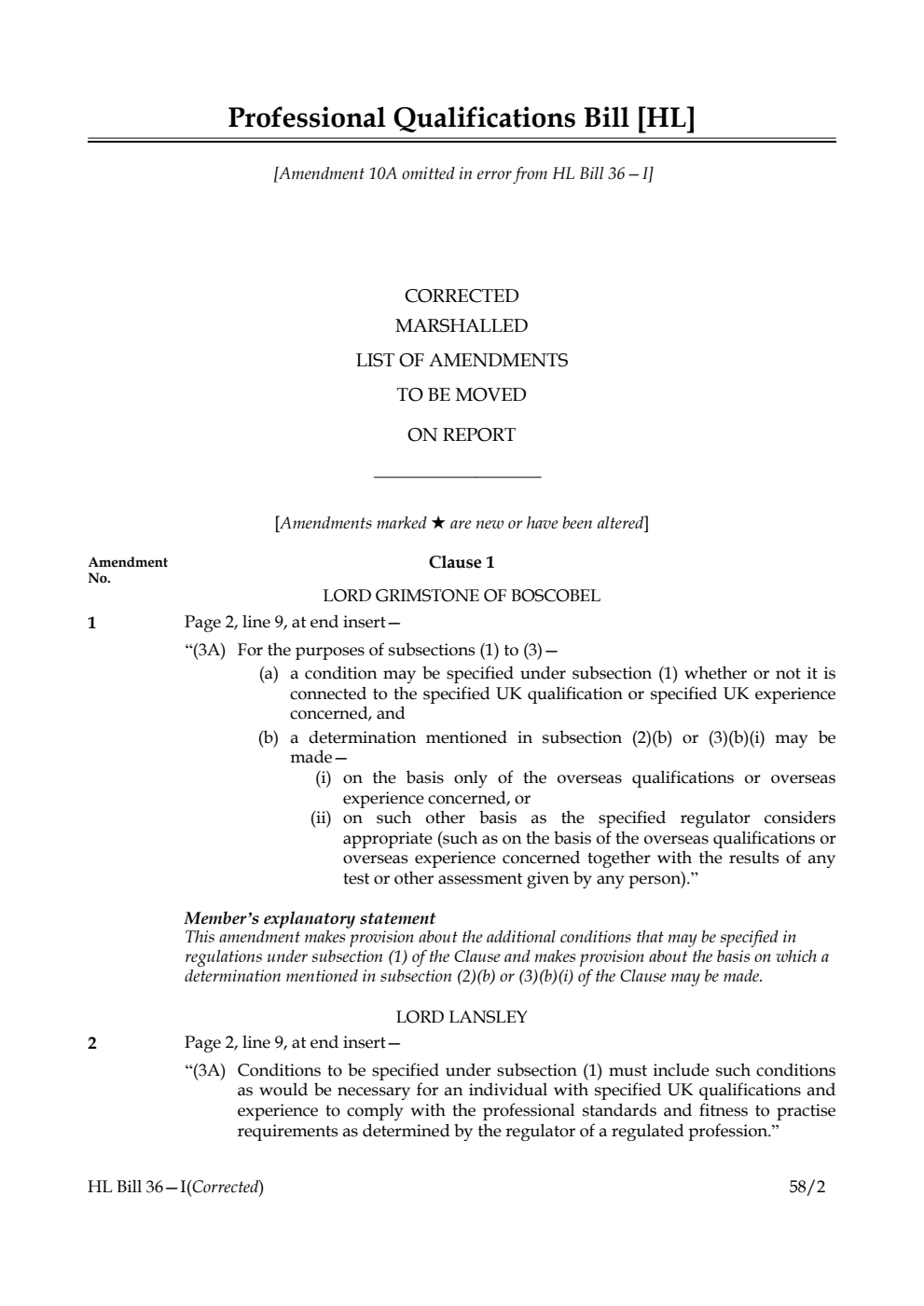 Professional Qualifications Bill Corrected Marshalled List of amendments to be moved on report