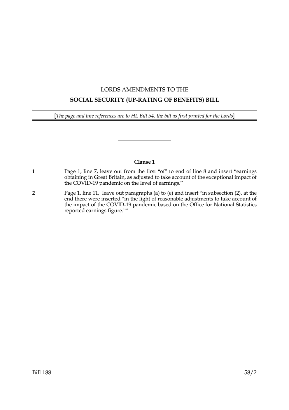 Lords Amendments to the Social Security (Up-rating of Benefits) Bill