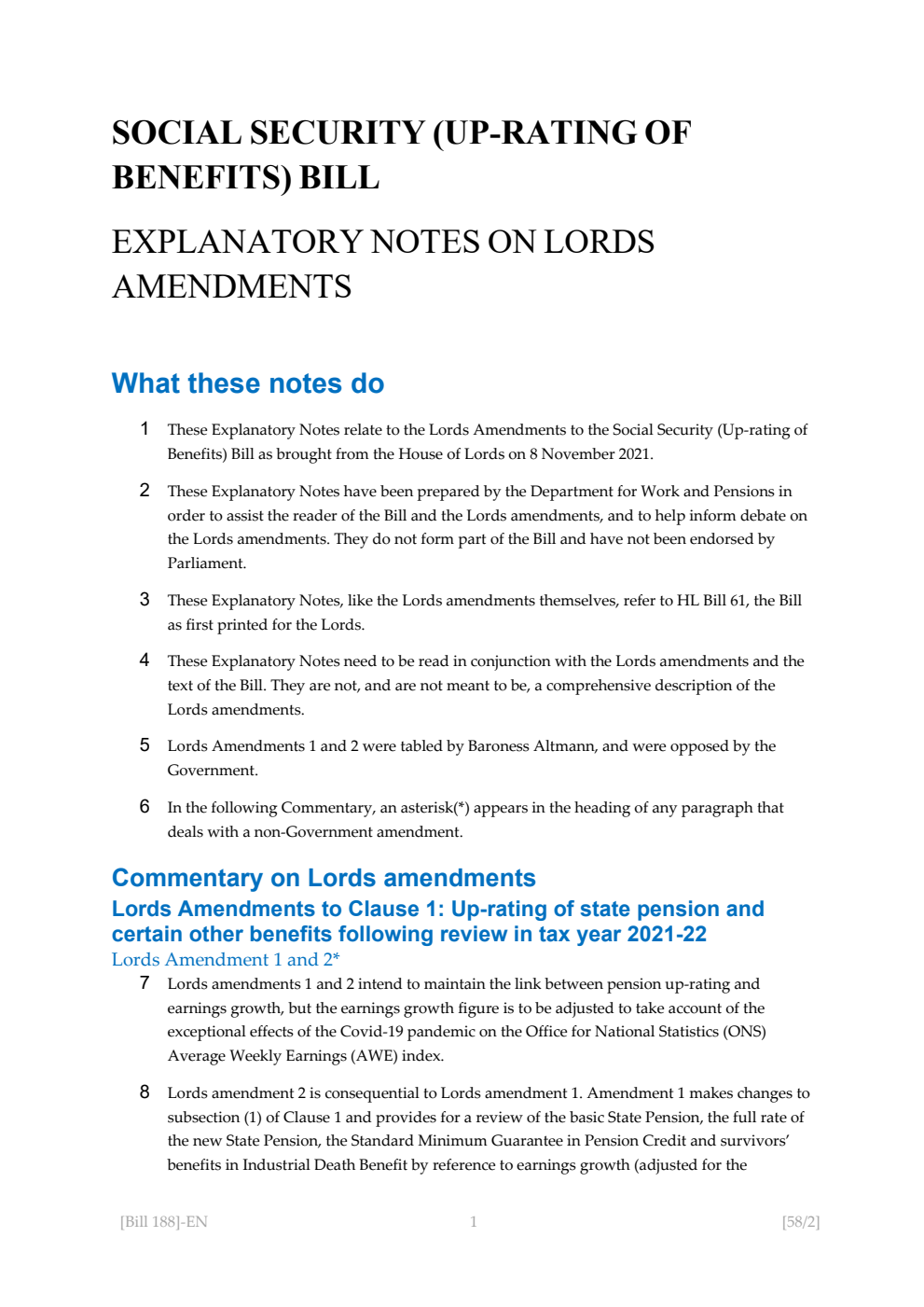 Social Security (Up-rating of Benefits) Bill Explanatory Notes on Lords Amendments