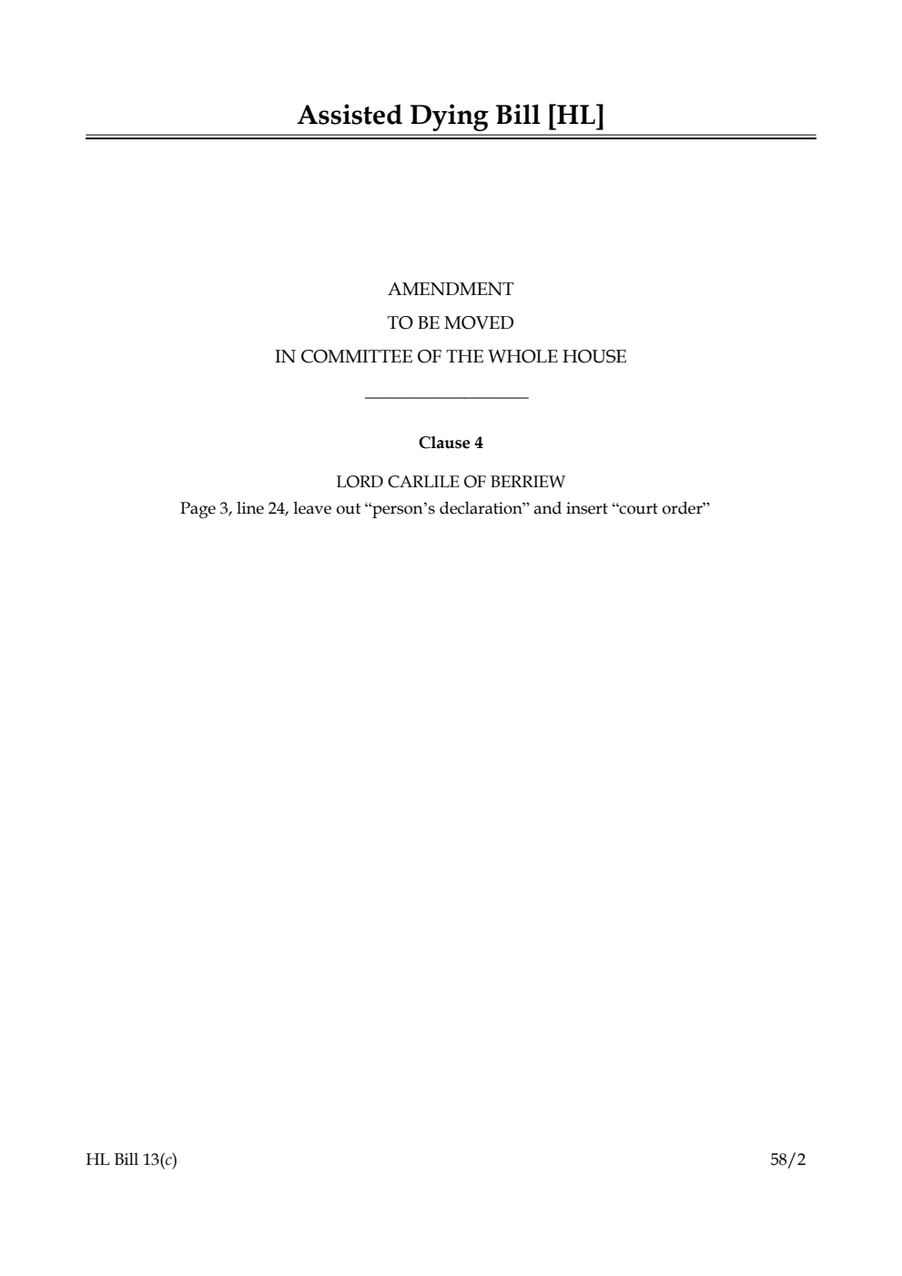 Assisted Dying Bill Amendment to be moved in Committee of the Whole House