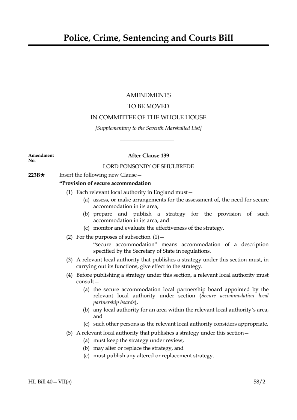 Police, Crime, Sentencing and Courts Bill Amendments to be moved in Committee of the Whole House