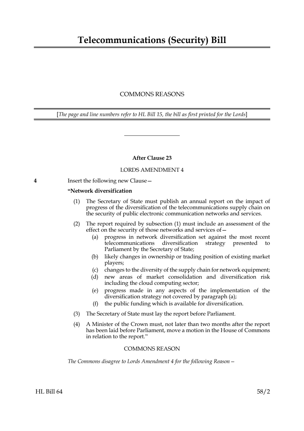 Telecommunications (Security) Bill Commons reasons