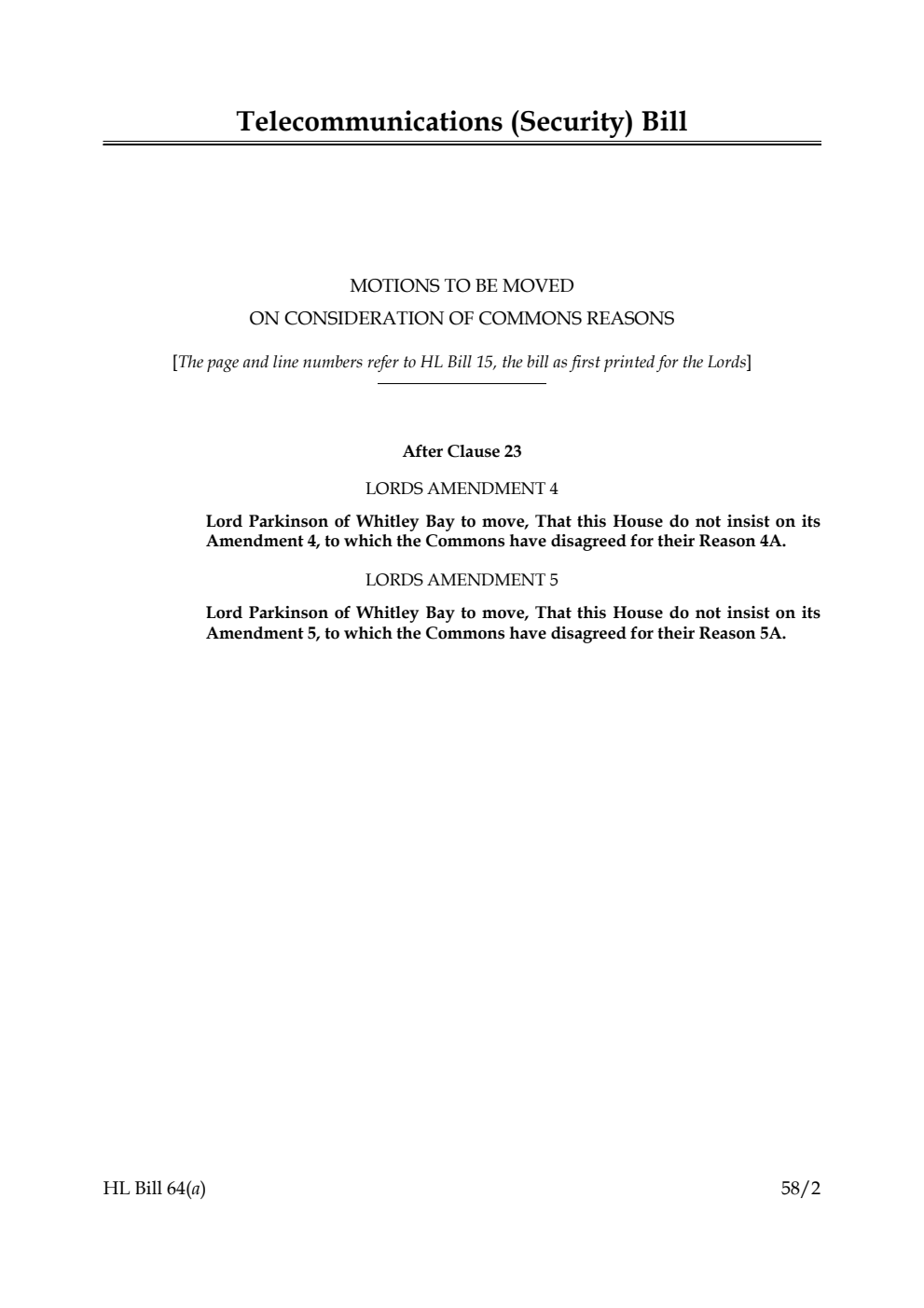 Telecommunications (Security) Bill Motions to be moved on consideration of Commons reasons and amendments