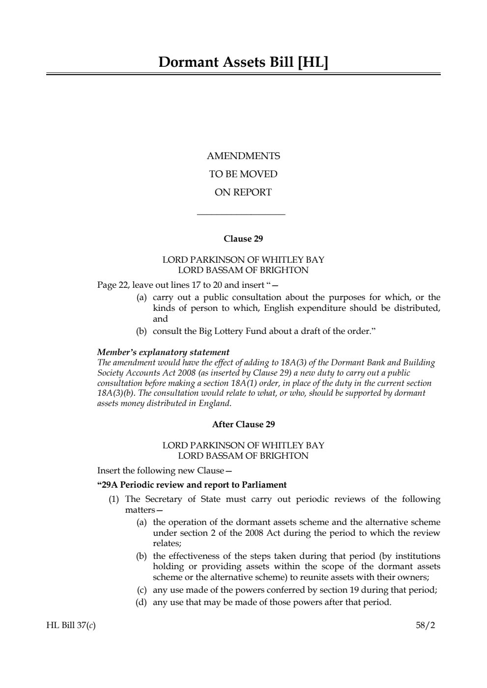 Dormant Assets Bill Amendments to be moved on Report