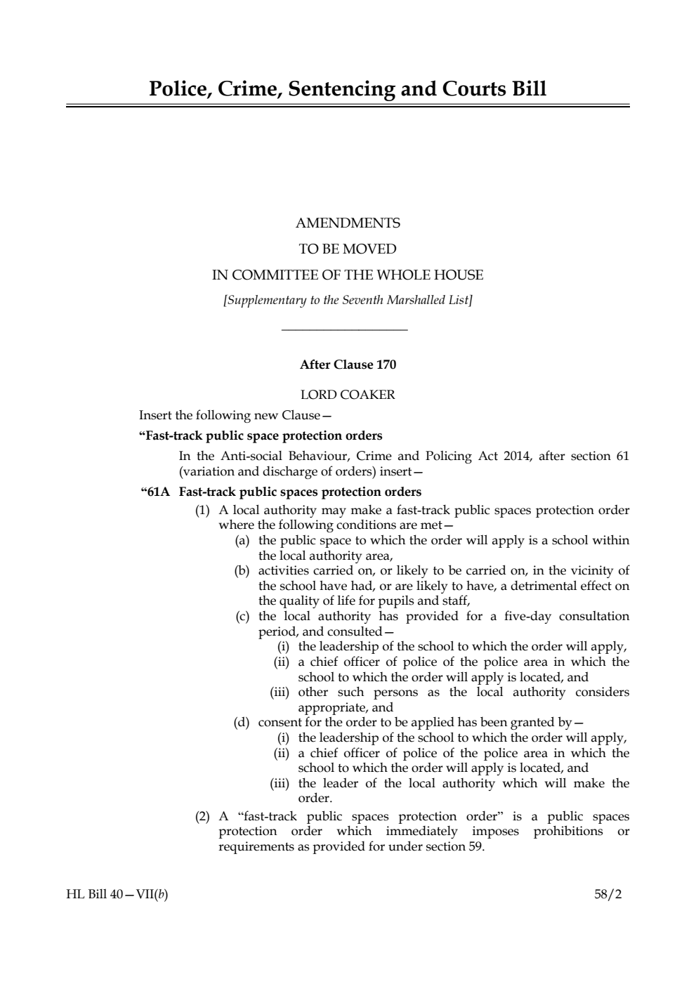 Police, Crime, Sentencing and Courts Bill Amendments to be moved in Committee of the Whole House