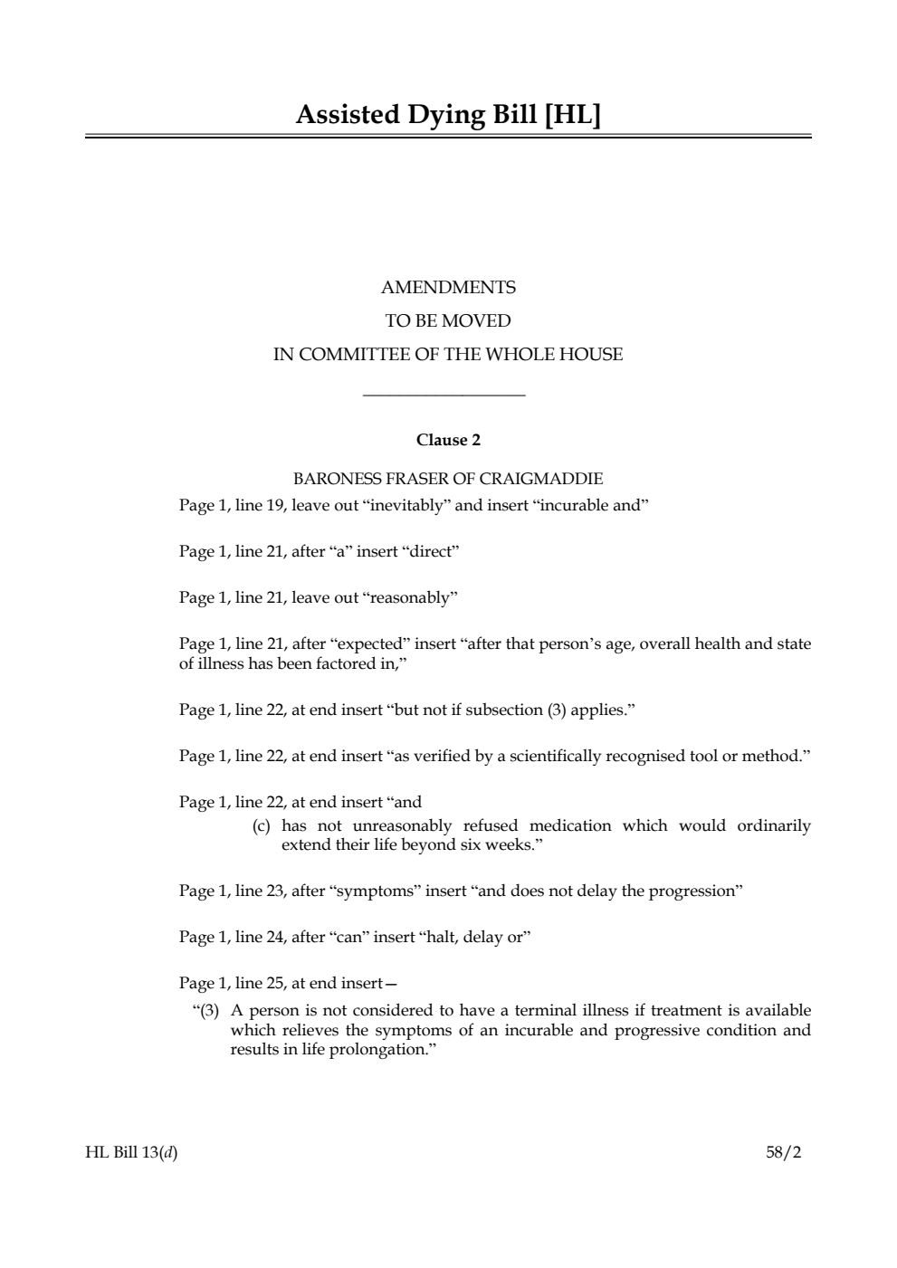 Assisted Dying Bill Amendments to be moved in Committee of the Whole House