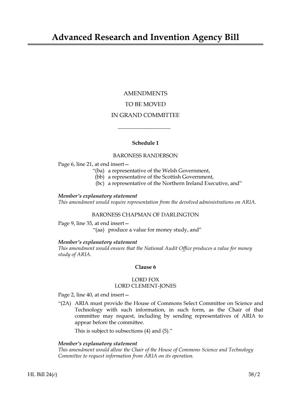 Advanced Research and Invention Agency Bill Amendments to be moved in Grand Committee