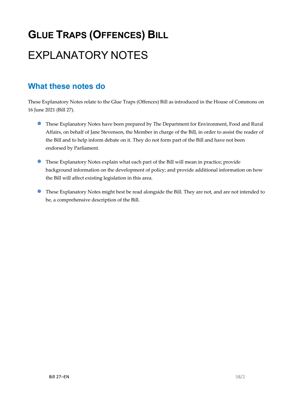 Glue Traps (Offences) Bill Explanatory Notes