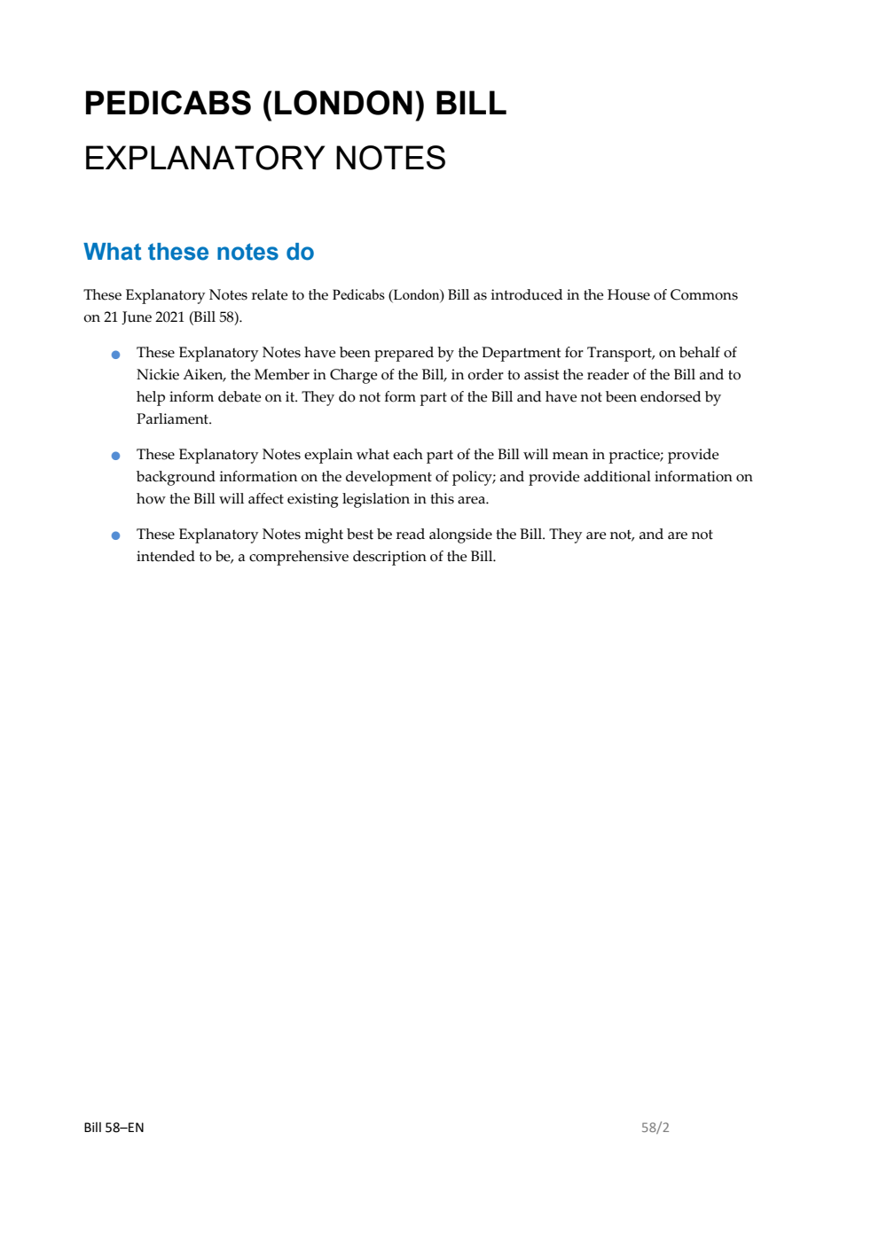 Pedicabs (London) Bill Explanatory Notes