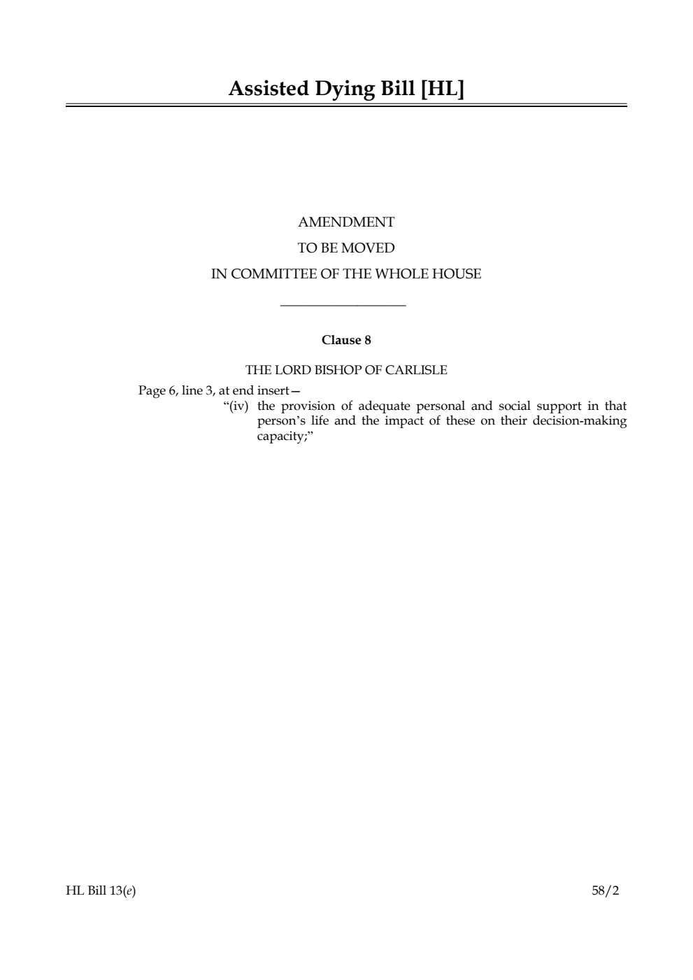 Assisted Dying Bill Amendment to be moved in Committee of the Whole House