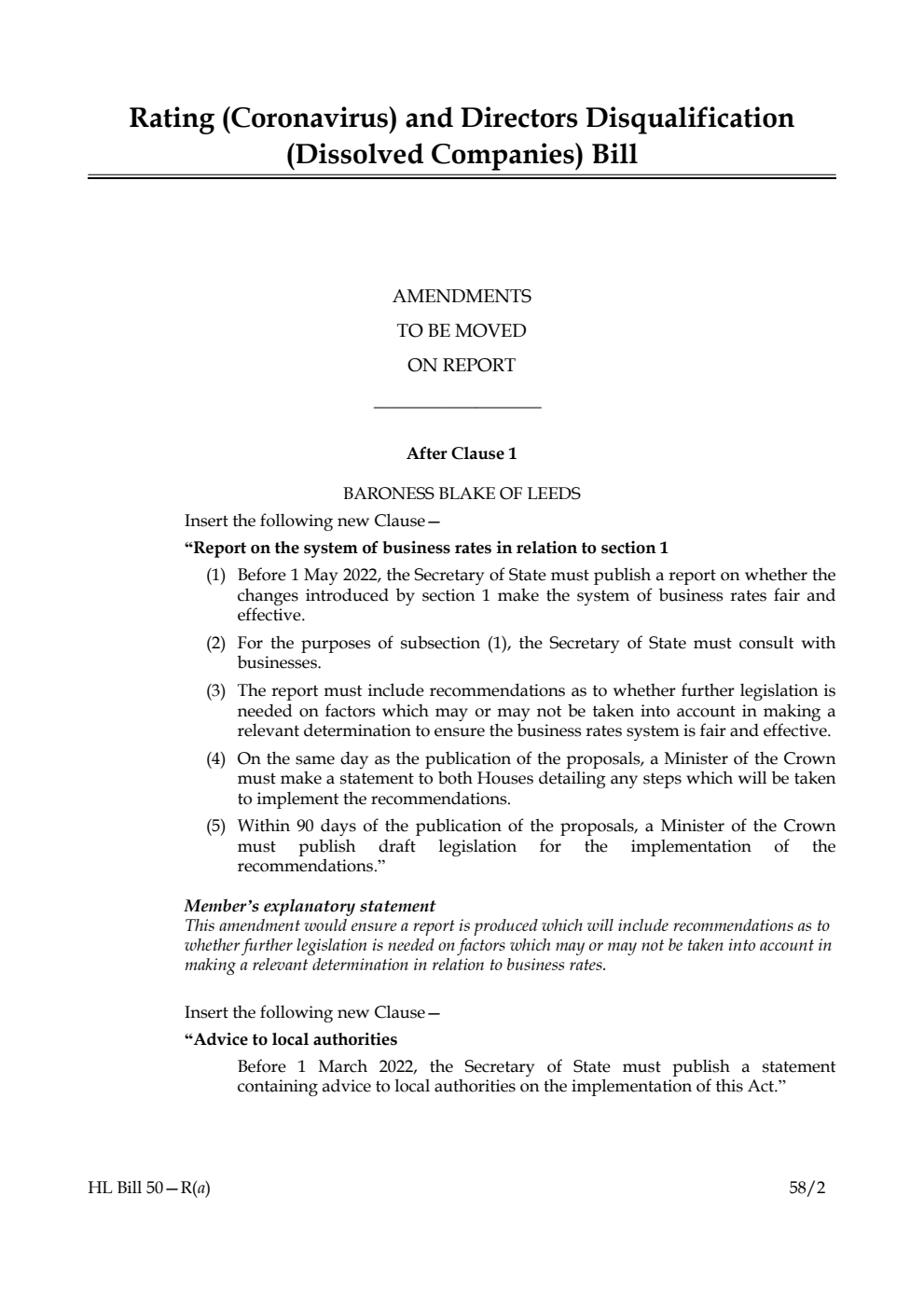 Rating (Coronavirus) and Directors Disqualification (Dissolved Companies) Bill Amendments to be moved on Report