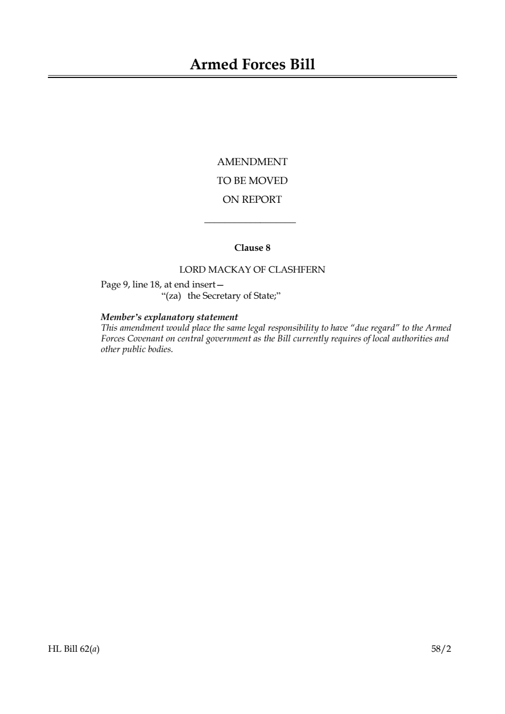 Armed Forces Bill Amendment to be moved on Report