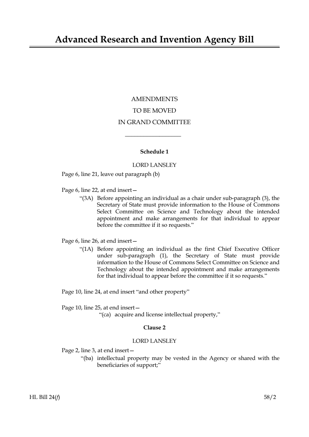 Advanced Research and Invention Agency Bill Amendments to be moved in Grand Committee