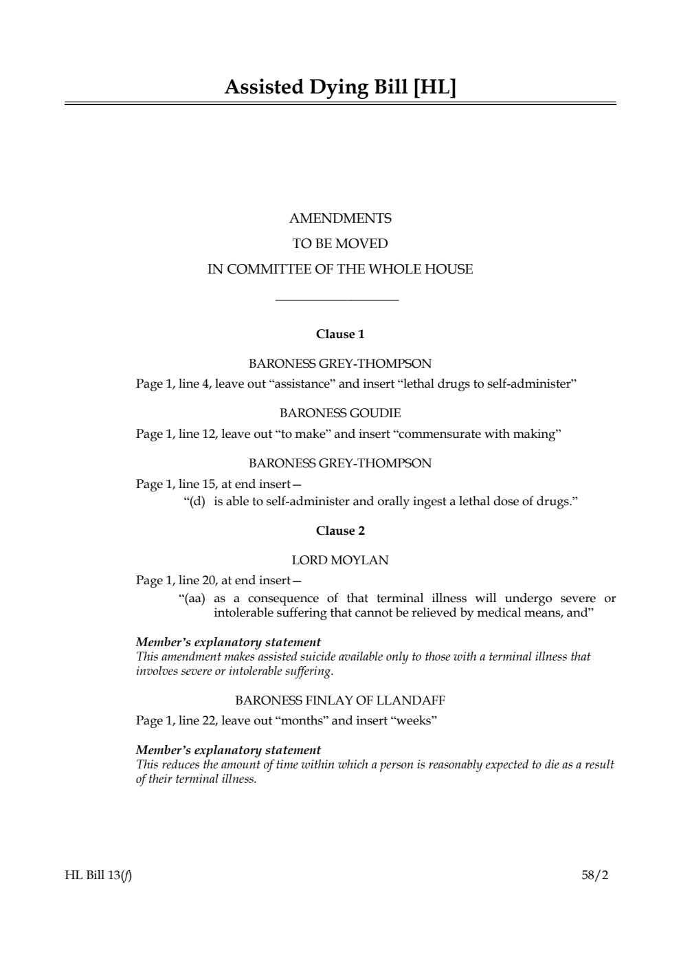 Assisted Dying Bill Amendments to be moved in Committee of the Whole House