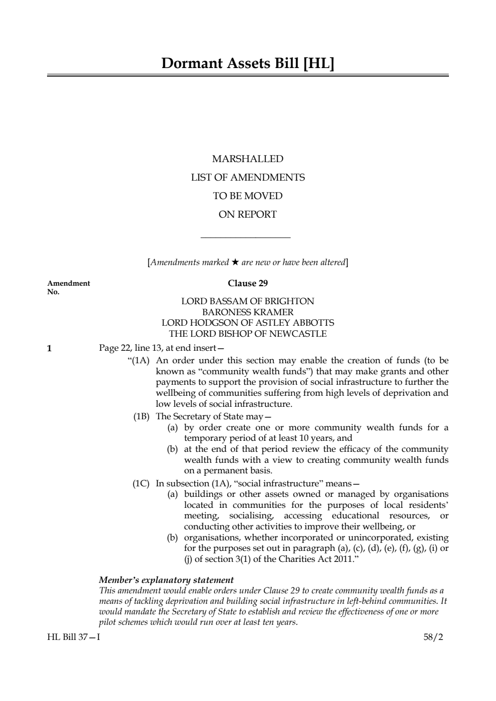 Dormant Assets Bill Marshalled List of amendments to be moved on report