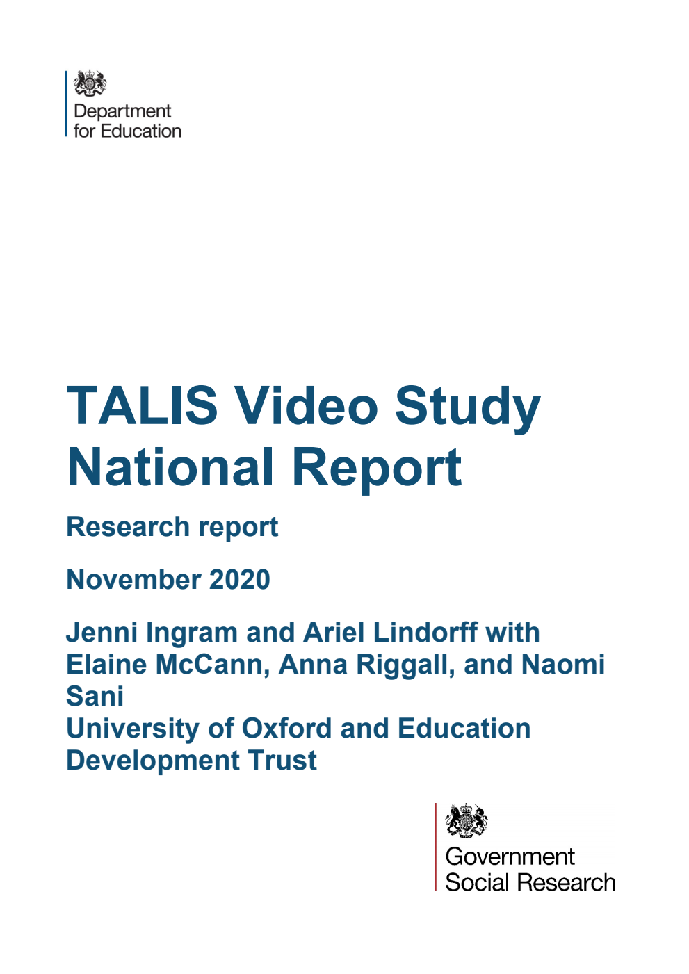 DFE-RR1069 TALIS Video Study National Report. Research report. November 2020