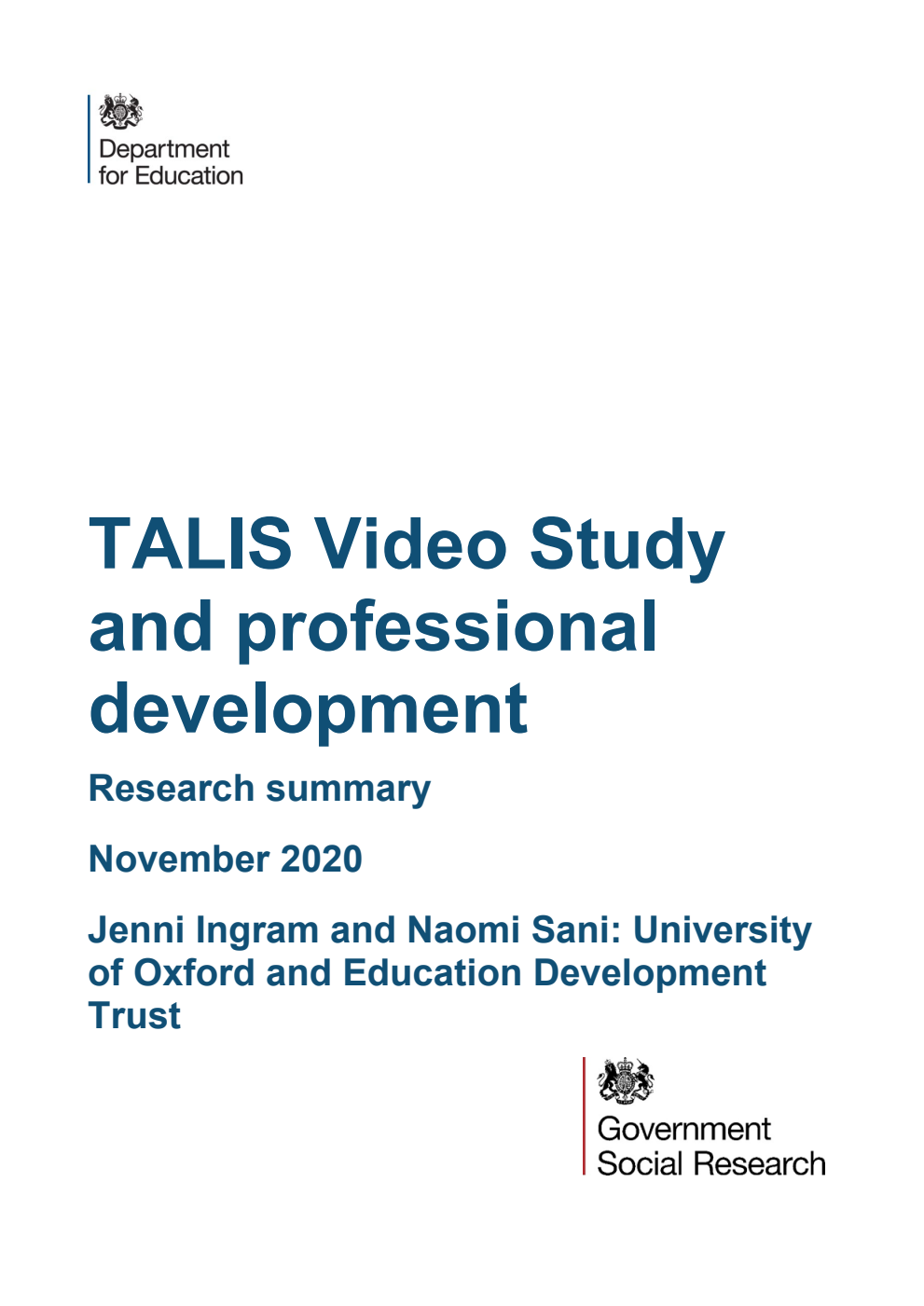 DFE-RR1069 TALIS Video Study and professional development. Research summary. November 2020