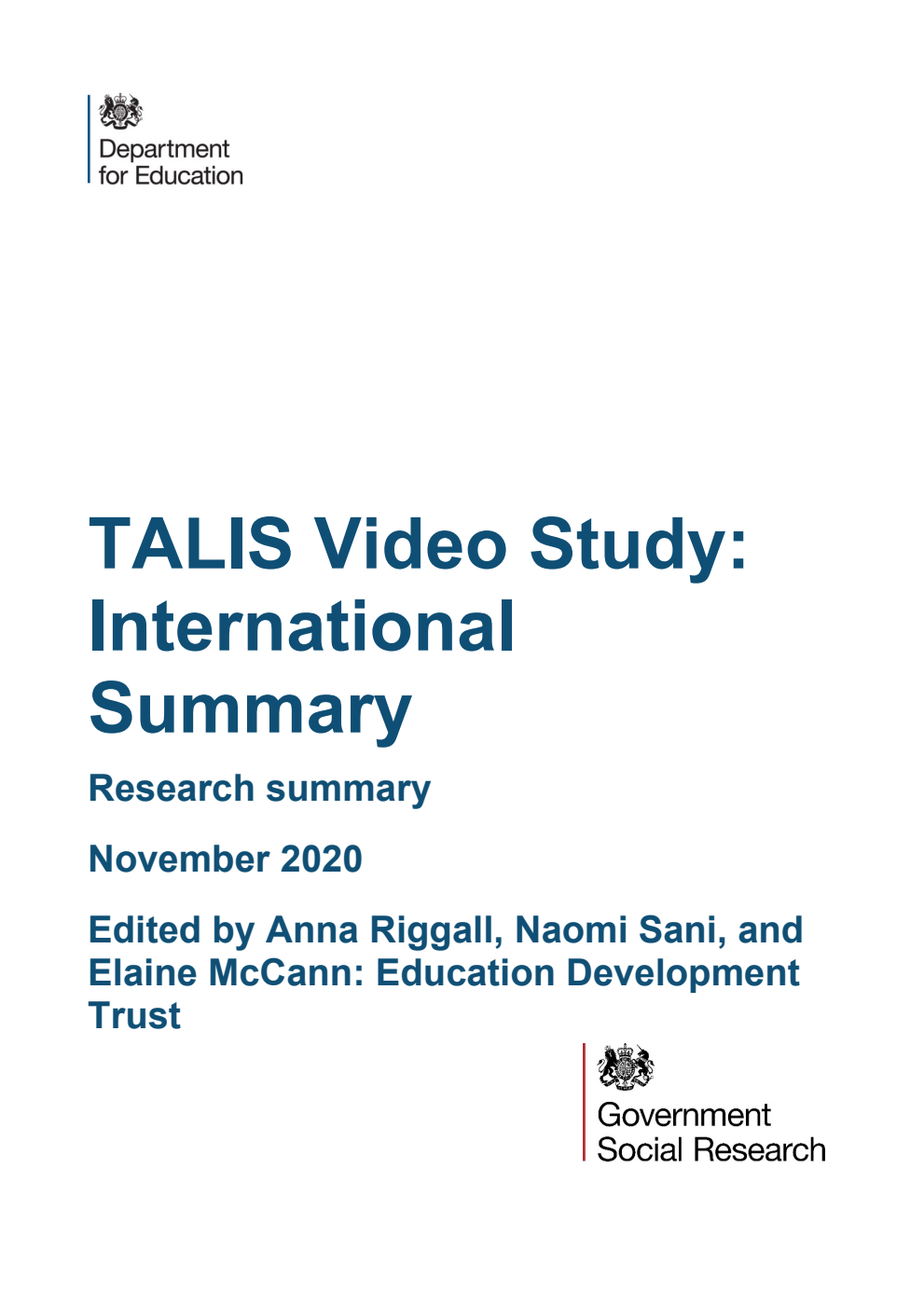 DFE-RR1069 TALIS Video Study: International Summary. Research summary. November 2020