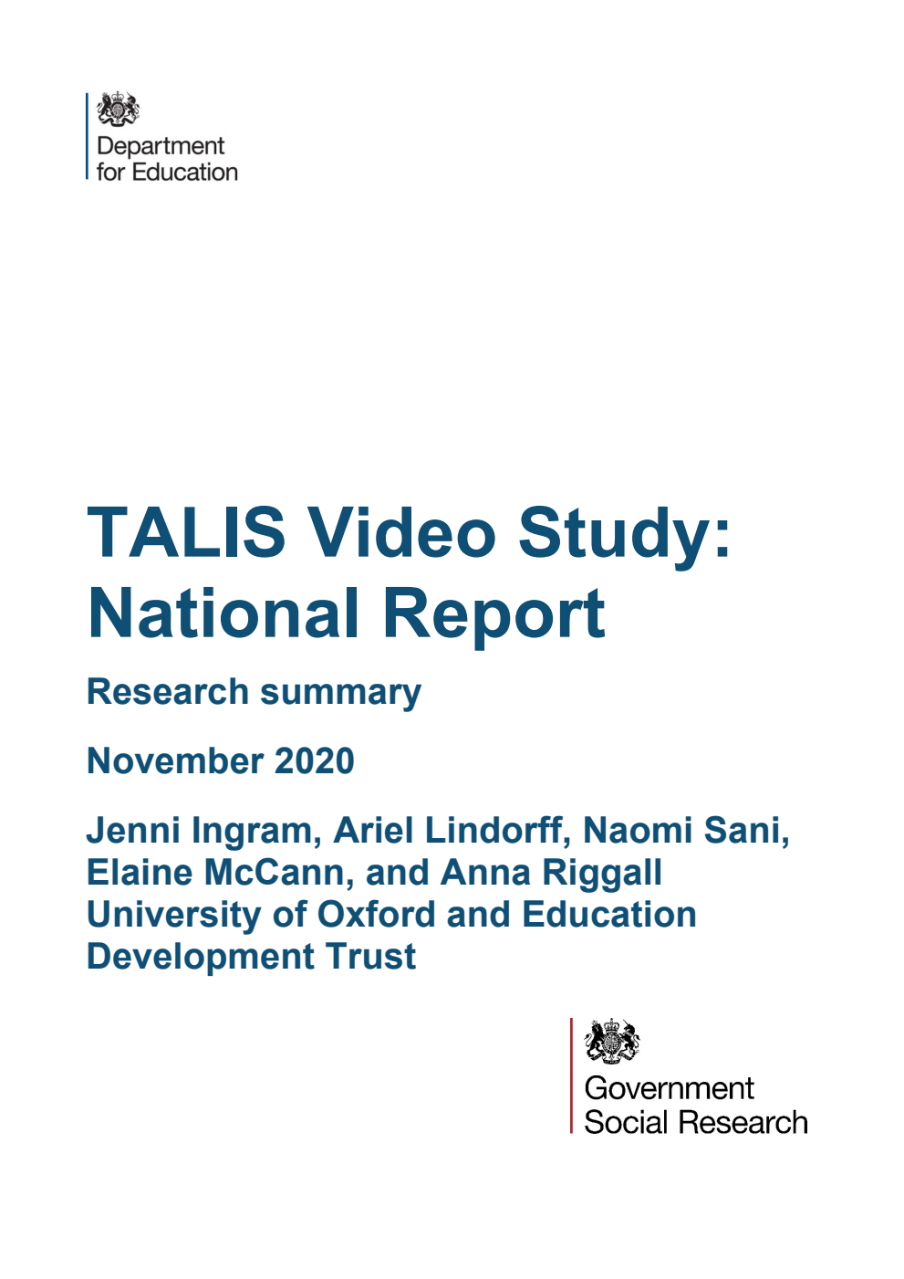 DFE-RR1069 TALIS Video Study: National Report. Research summary. November 2020