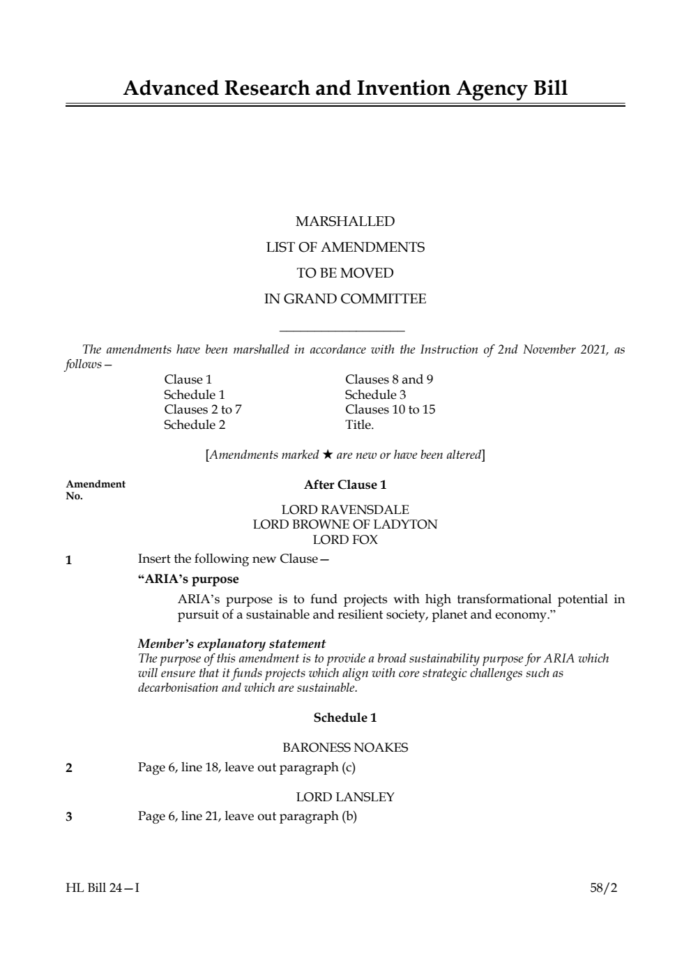 Advanced Research and Invention Agency Bill Marshalled List of Amendments to be moved in Grand Committee