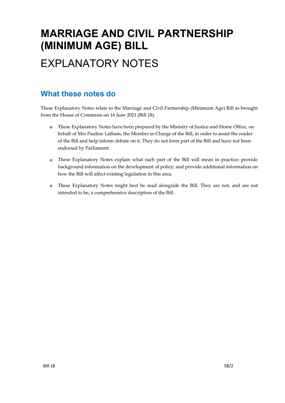 Marriage and Civil Partnership (Minimum Age) Bill Explanatory Notes