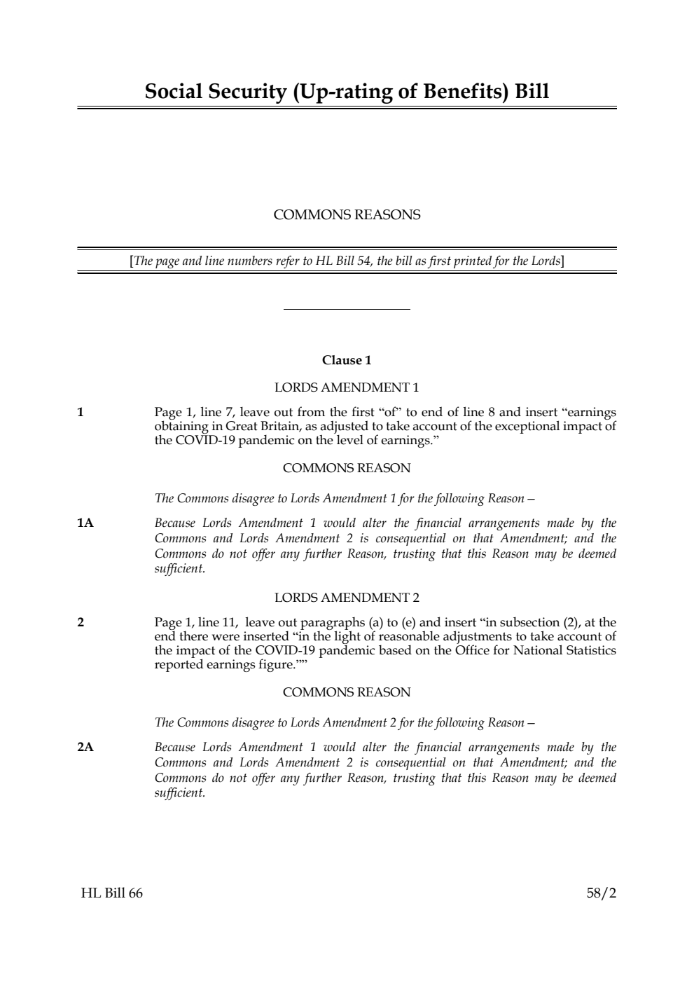 Social Security (Up-rating of Benefits) Bill Commons reasons