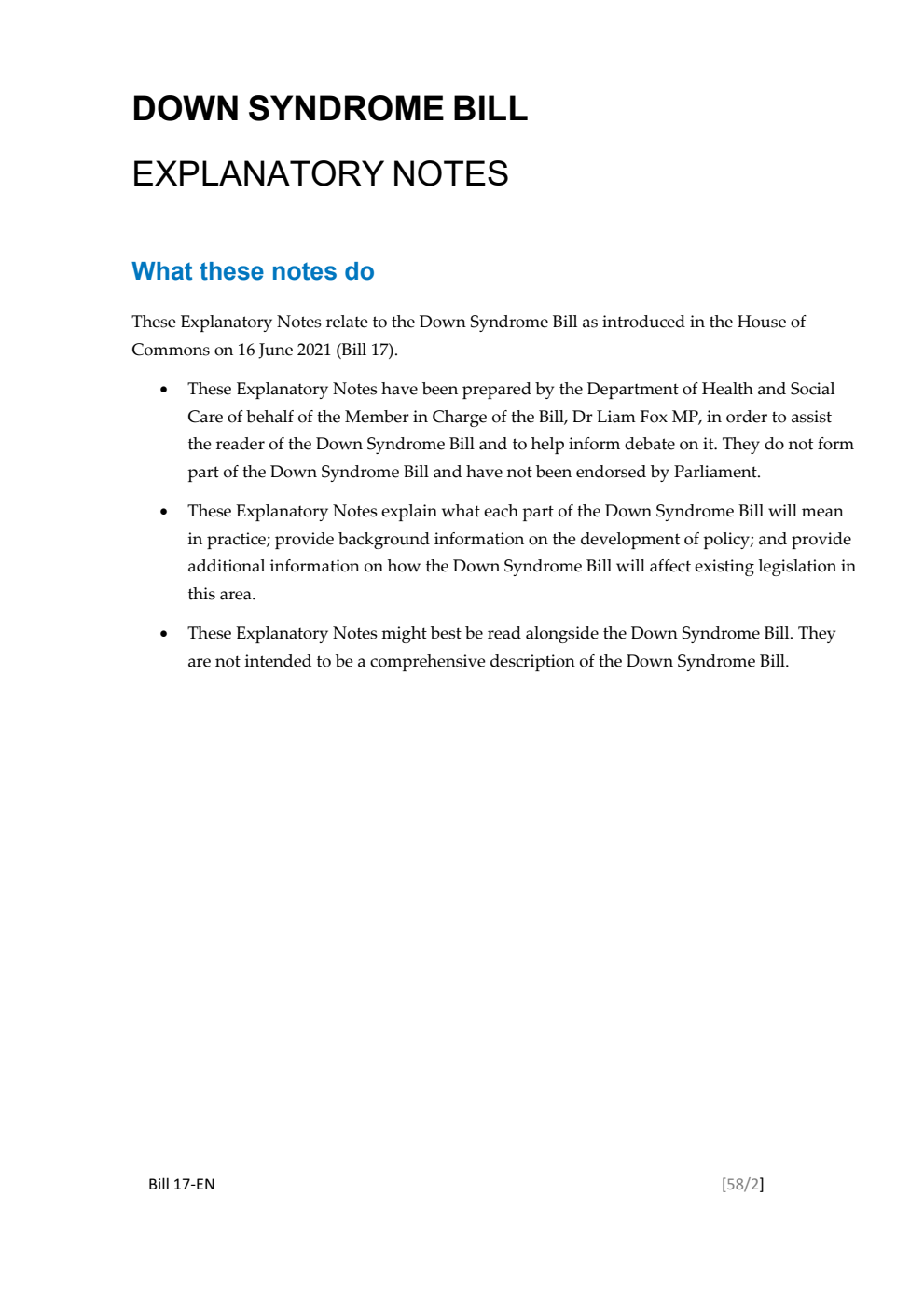Down Syndrome Bill Explanatory Notes