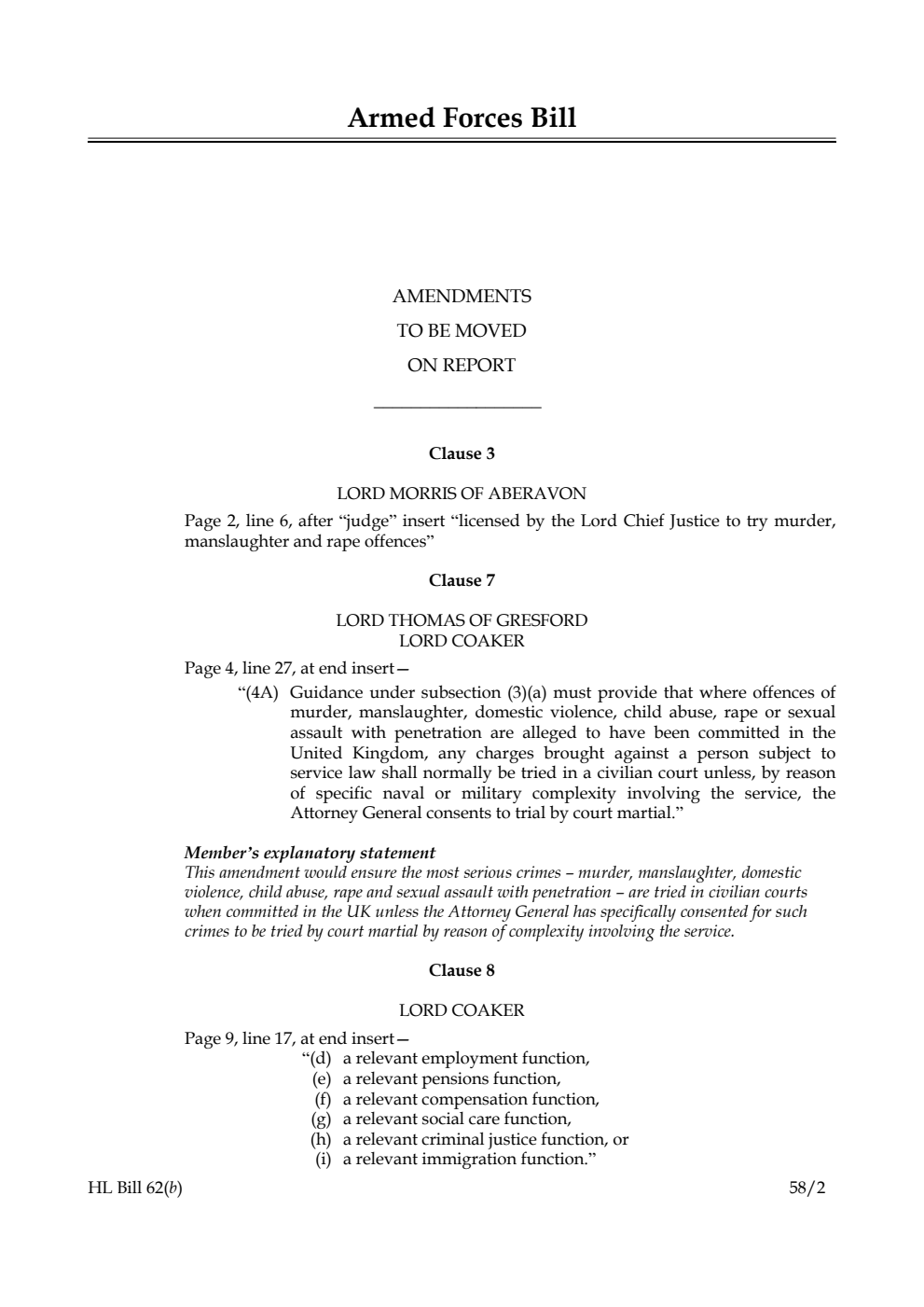 Armed Forces Bill Amendments to be moved on Report