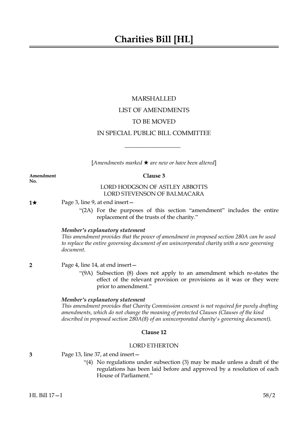 Charities Bill Marshalled List of Amendments to be moved in Special Public Bill Committee