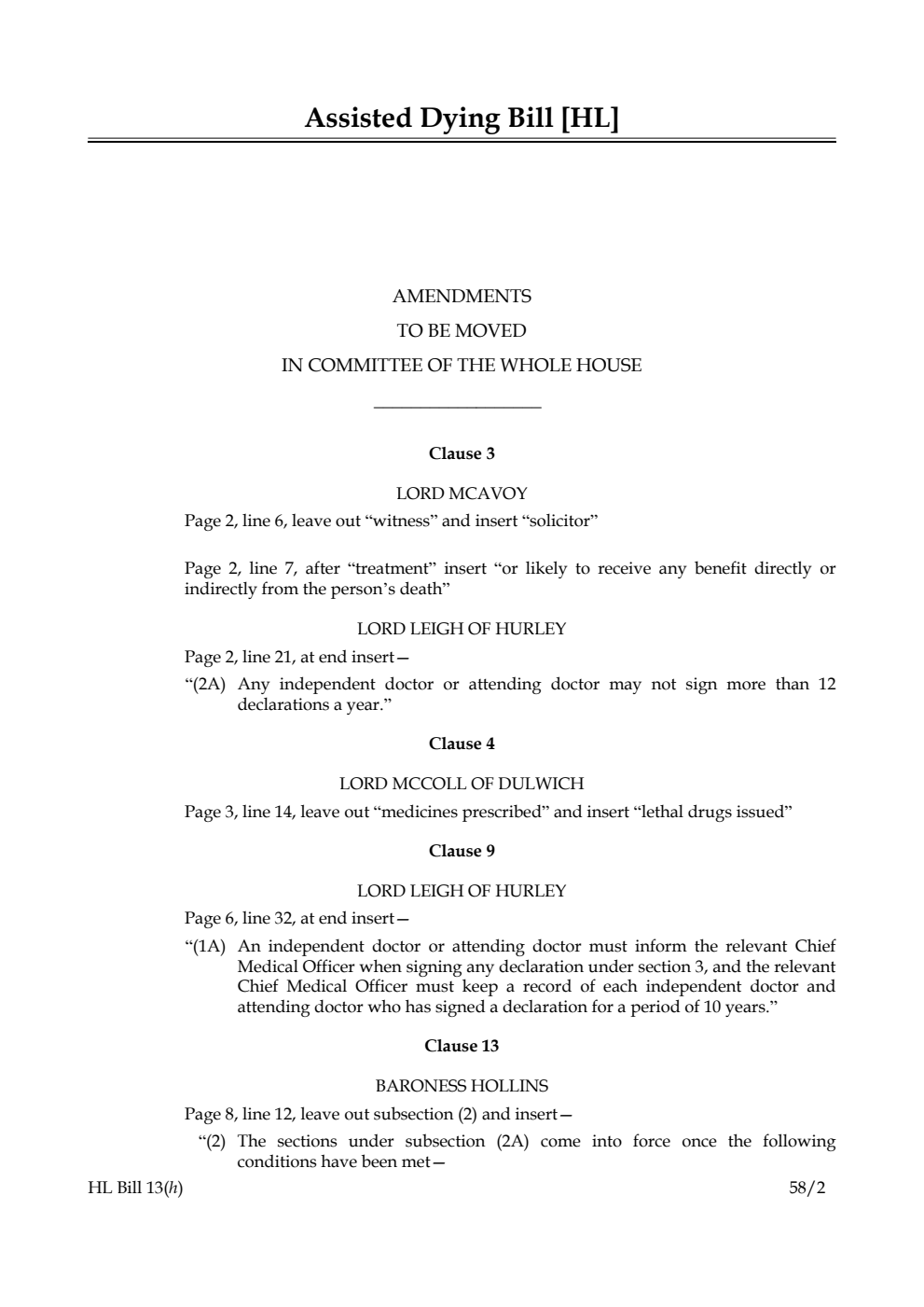 Assisted Dying Bill Amendments to be moved in Committee of the Whole House