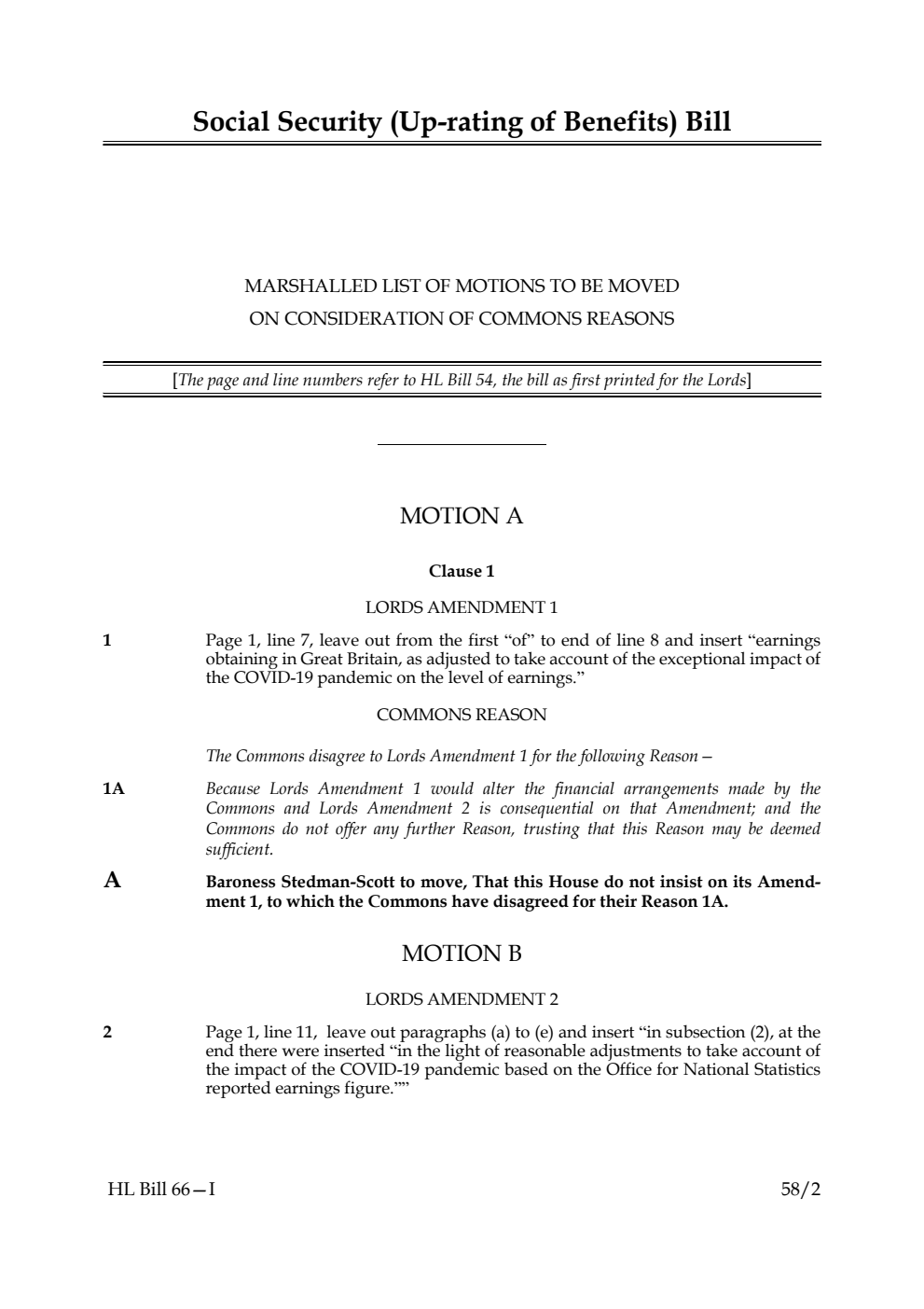 Social Security (Up-rating of Benefits) Bill Marshalled List of motions to be moved on Consideration of Commons reasons and amendments