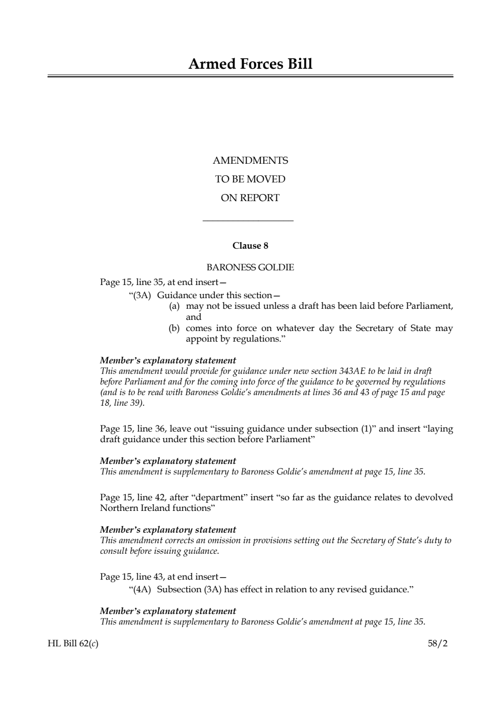 Armed Forces Bill Amendments to be moved on Report