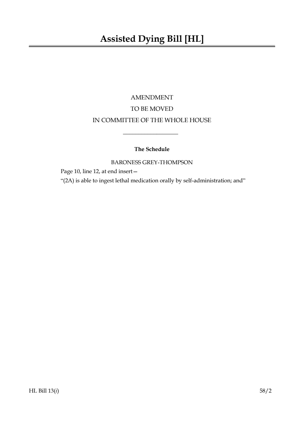 Assisted Dying Bill Amendment to be moved in Committee of the Whole House