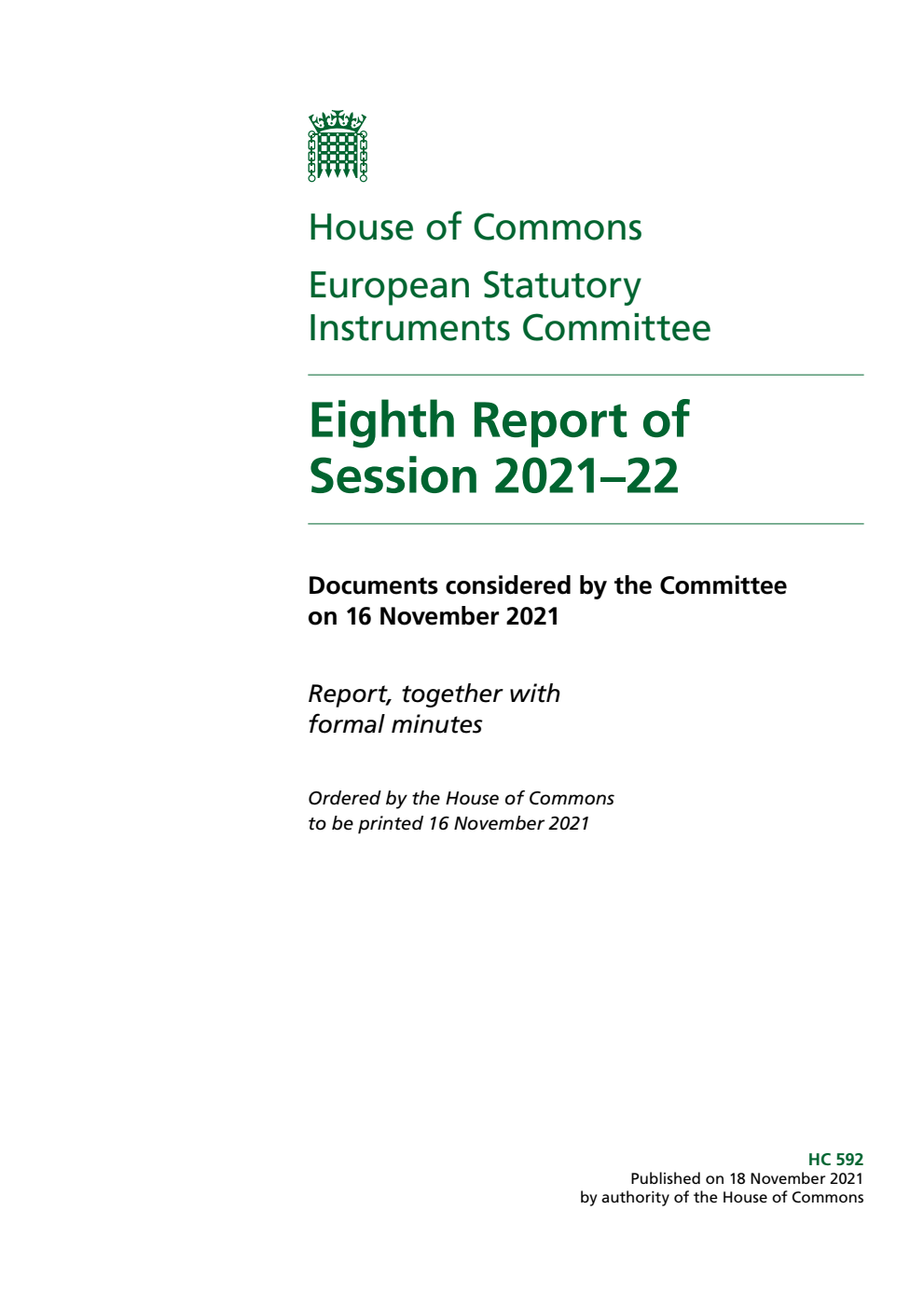 European Statutory Instruments Committee 8th Report of Session 2021-22