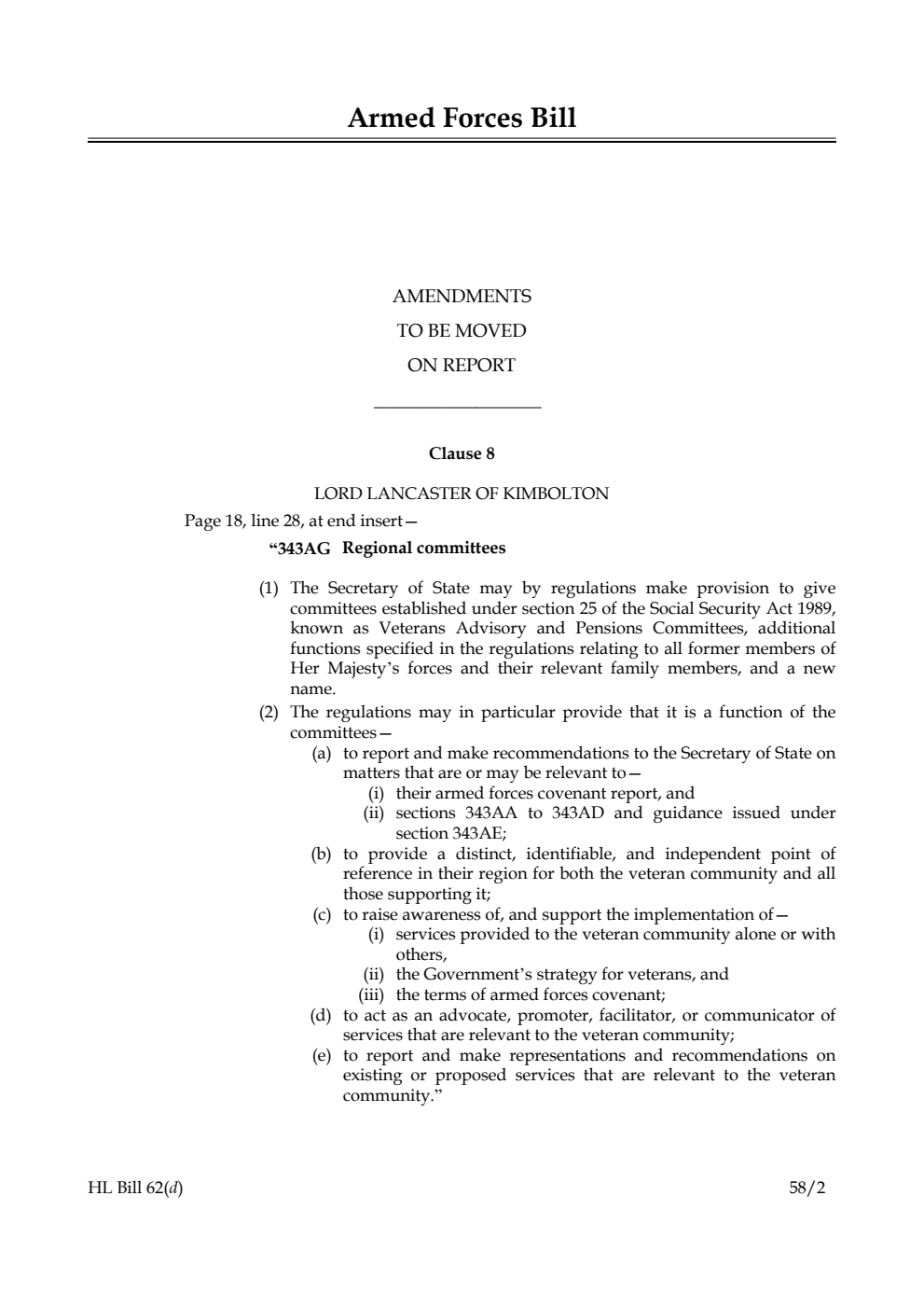 Armed Forces Bill Amendments to be moved on Report