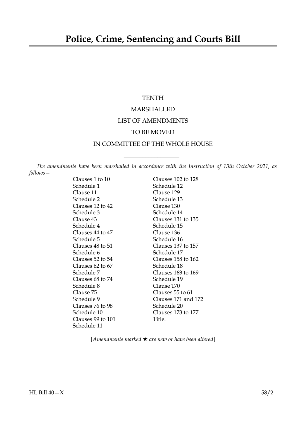 Police, Crime, Sentencing and Courts Bill Tenth Marshalled List of Amendments to be moved in Committee of the Whole House
