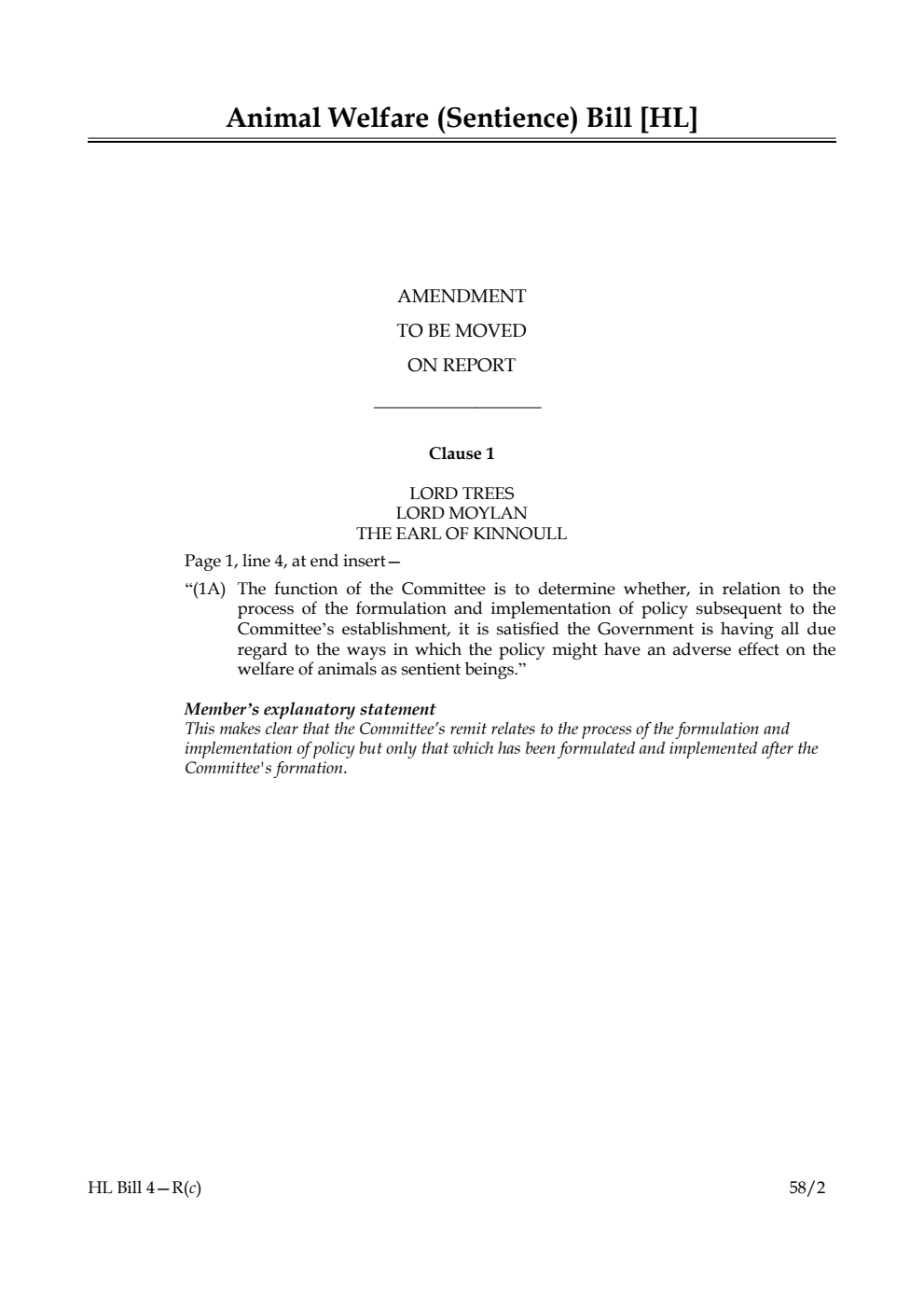 Animal Welfare (Sentience) Bill Amendment to be moved on Report